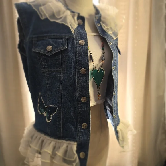 Upcycled Denim Vest with Ruffle Trim and Butterfly Patch Size Medium - Picture 4 of 11